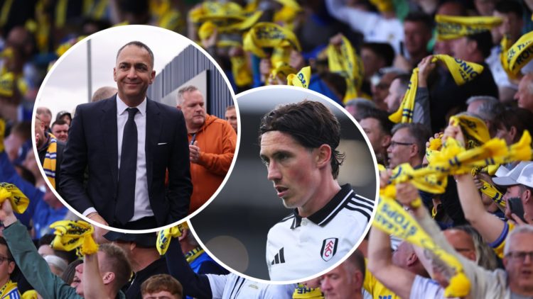 Leeds United fans wave yellow scarves. Insets: Paraag Marathe walks into a football ground. Close up of Harry Wilson.