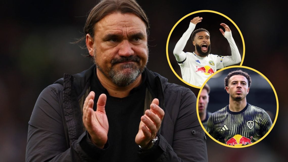 Daniel Farke applauds Leeds United fans. Insets: Jayden Bogle shouts. Ethan Ampadu warming up.