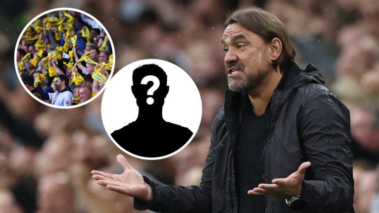 Leeds United manager Daniel Farke with the mystery player overlay and Leeds fans inset