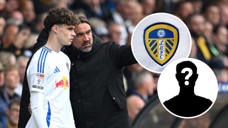 Leeds United manager Daniel Farke talks to Harry Gray with the club badge and mystery player overlaid