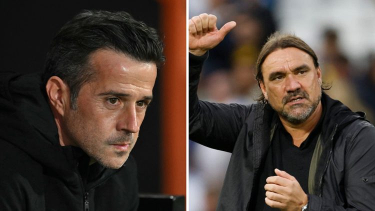 Marco Silva and Daniel Farke during Fulham and Leeds games this season.