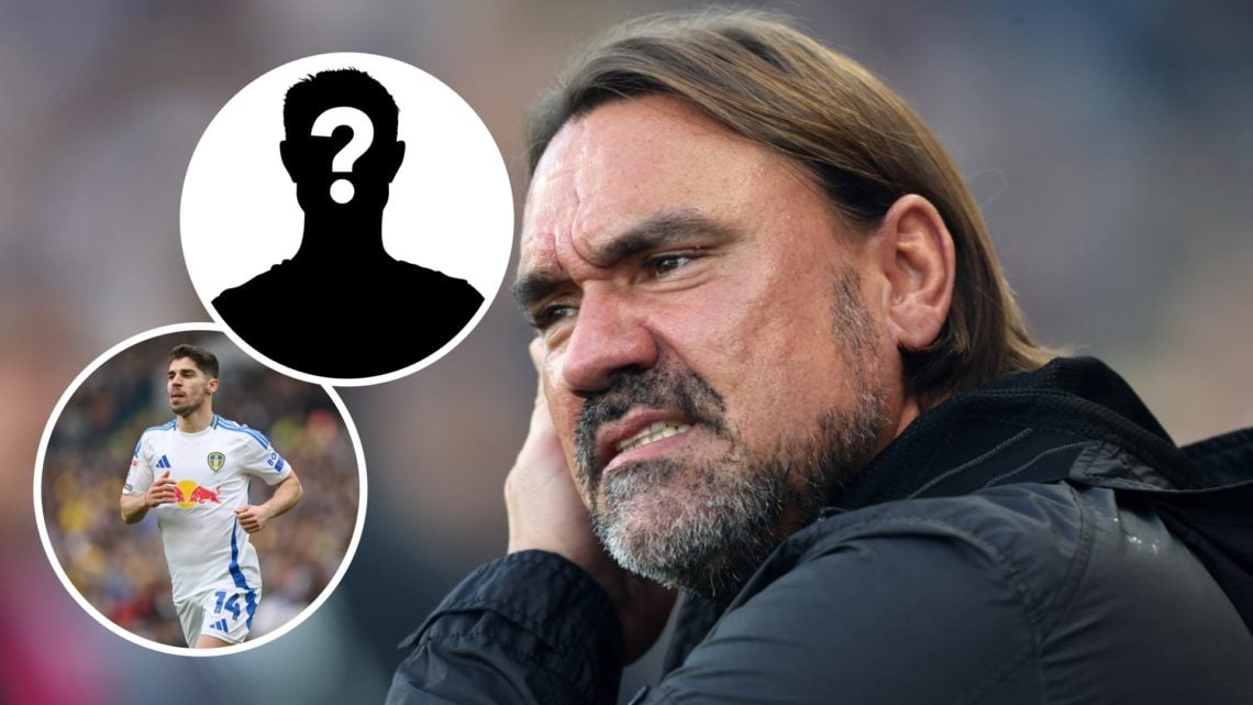Leeds United manager Daniel Farke with Manor Solomon and mystery player logo inset