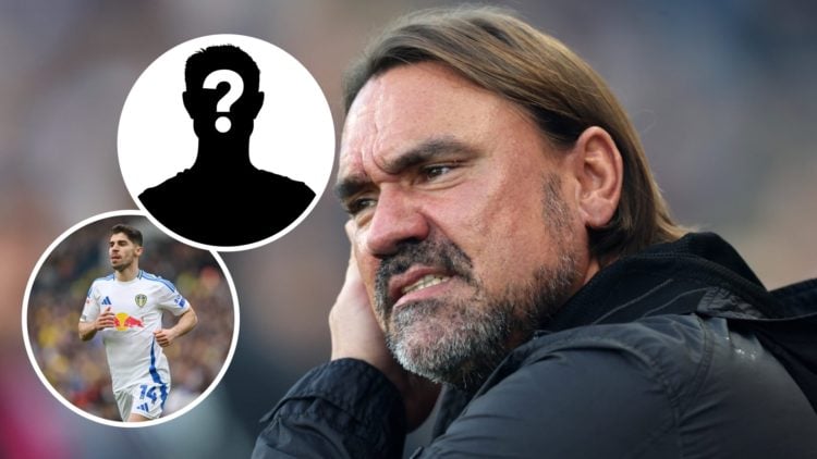 Leeds United manager Daniel Farke with Manor Solomon and mystery player logo inset
