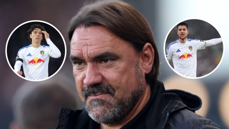 Leeds United manager Daniel Farke with Ilia Gruev and Ao Tanaka inset