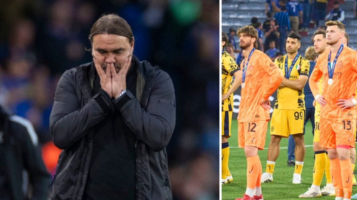 Split image of Leeds United manager Daniel Farke and Olympiakos player Mehdi Taremi