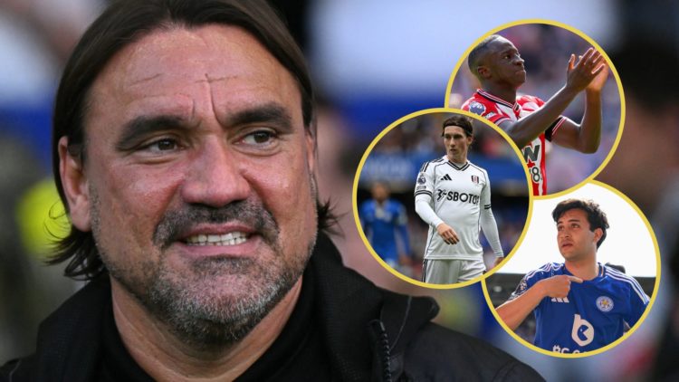 Close up image of Leeds United manager Daniel Farke grimacing. Insets: Habib Diarra, Facundo Buonanotte and Harry Wilson.