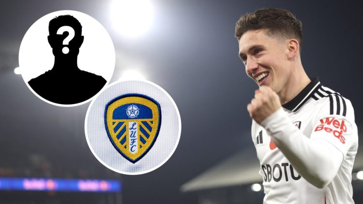 Fulham winger Harry Wilson (right) with Leeds United crest (left) and mystery player inset