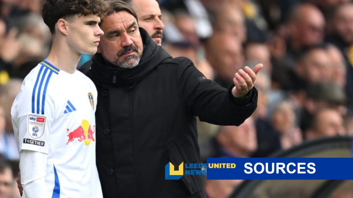 Harry Gray and Daniel Farke of Leeds United (left) with LUN sources banner (right)