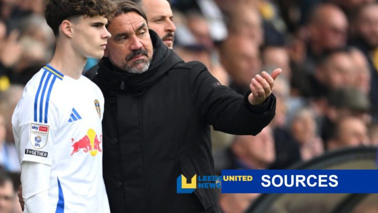 Harry Gray and Daniel Farke of Leeds United (left) with LUN sources banner (right)