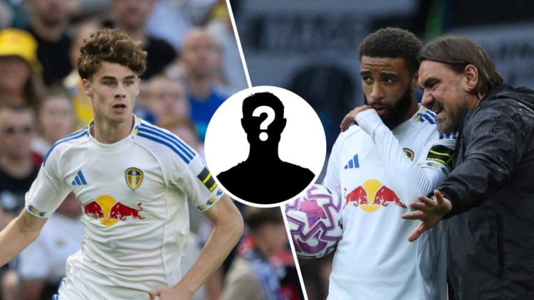 Striker Harry Gray (left) with Jayden Bogle and Daniel Farke of Leeds United (right)