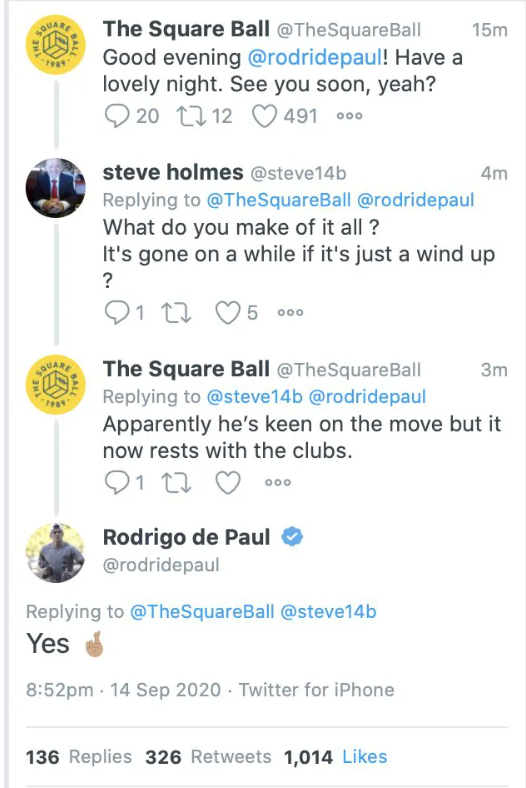 Screenshot of Rodrigo De Paul replying to The Square Ball in 2020.