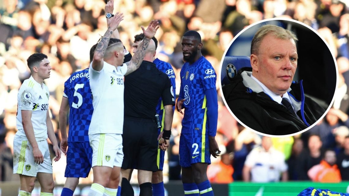 Dan James is shown a red card for Leeds United with Steve Evans inset