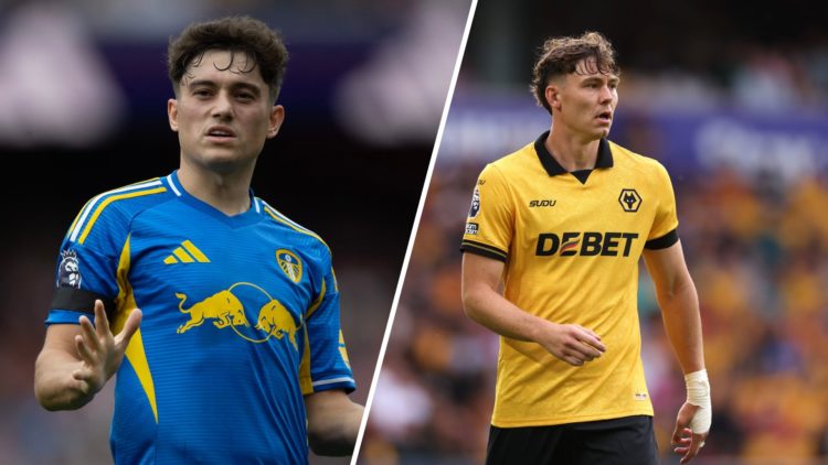 Split image of Leeds United player Dan James and Wolves player Jorgen Strand Larsen