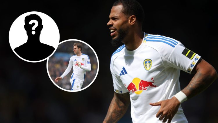 Mystery player inset (left) and Joe Rodon and Lukas Nmecha of Leeds United (centre and right)