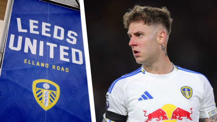 Split image of a general view of Leeds United's Elland Road stadium, and Joe Rodon in action for Leeds United.