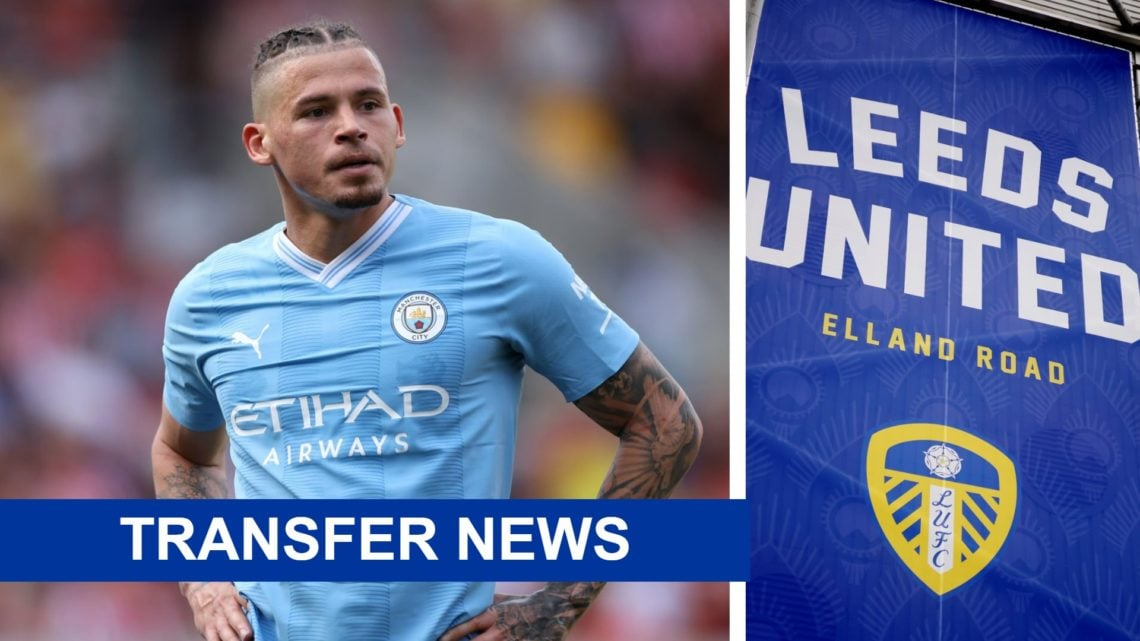 Split image of Man City player Kalvin Phillips in action, and a general view of Leeds United's Elland Road stadium.