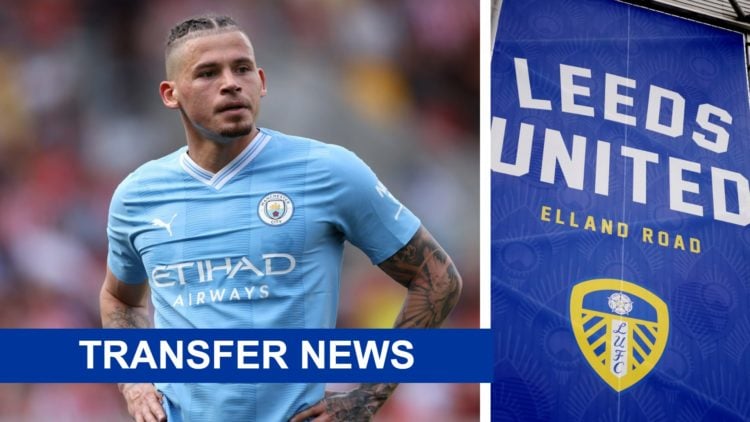 Split image of Man City player Kalvin Phillips in action, and a general view of Leeds United's Elland Road stadium.