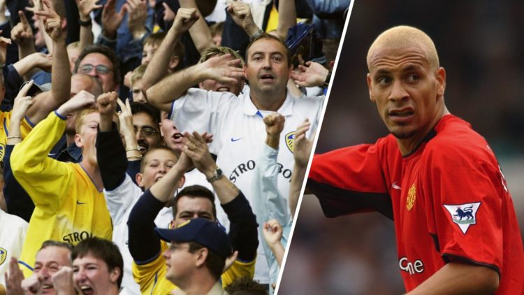 Split image of Leeds United fans celebrating and Manchester United defender Rio Ferdinand