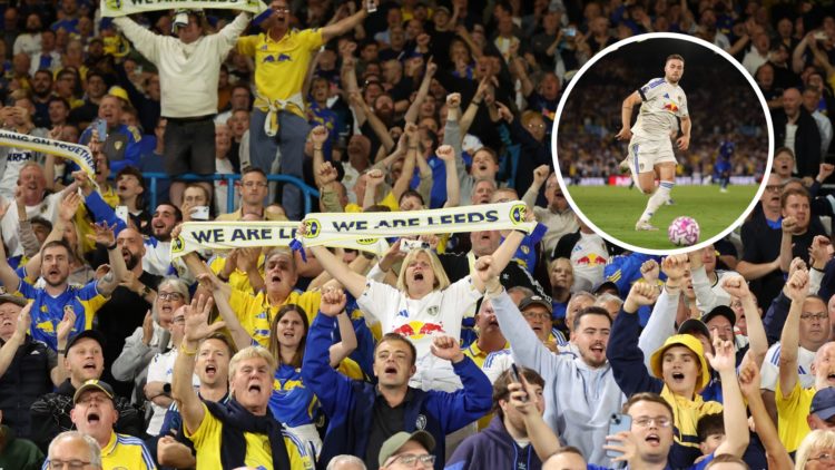 Leeds United fans in Elland Road with Gabriel Gudmundsson inset