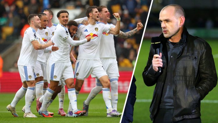 Split image of Anton Stach celebrating his goal with his Leeds United teammates and pundit Danny Murphy