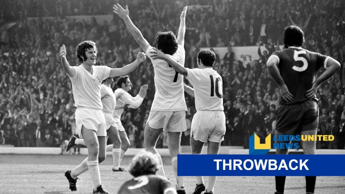 Leeds United players celebrate in 1971 with the site logo and the throwback label