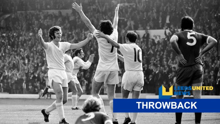 Leeds United players celebrate in 1971 with the site logo and the throwback label