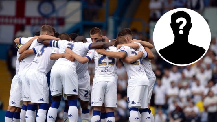 Leeds United players form a huddle with the mystery player overlay in the top right