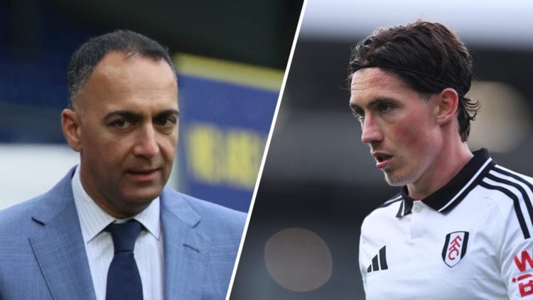 Leeds United chairman Paraag Marathe (left) and Fulham winger Harry Wilson (right)