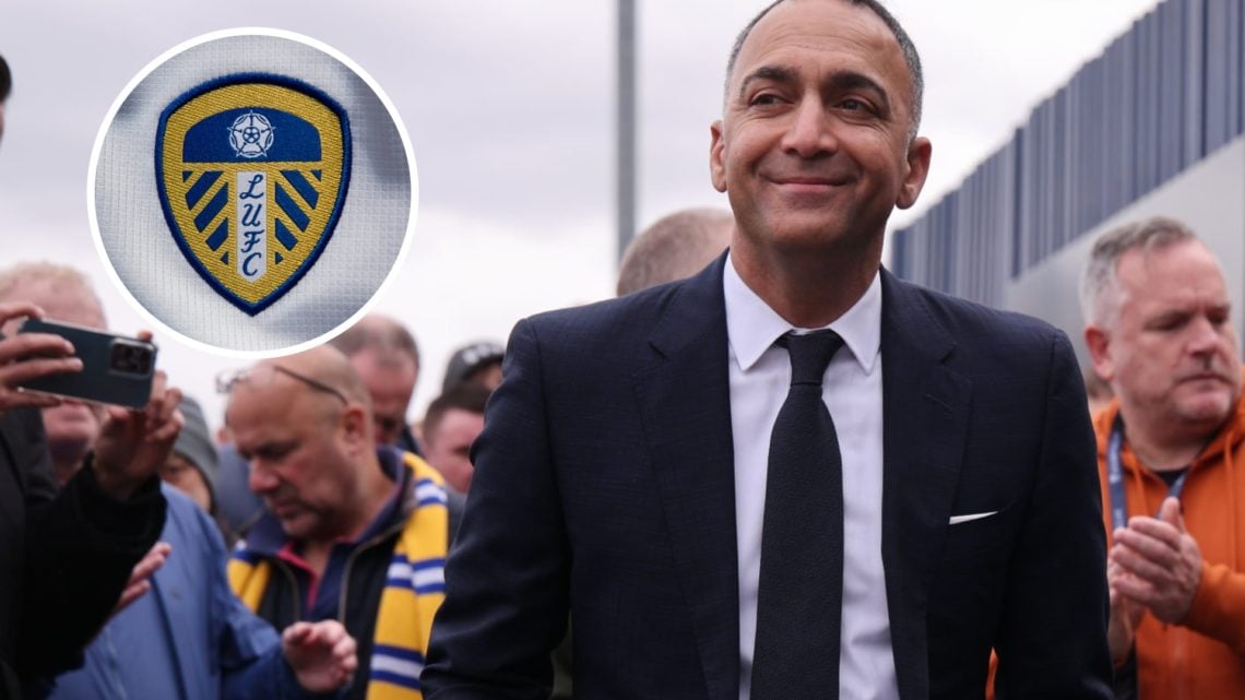 Leeds United chairman Paraag Marathe of the 49ers (right) with Leeds crest (left)