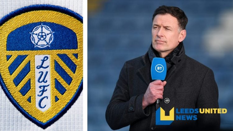 Split image of the Leeds United badge, and Chris Sutton doing punditry work.