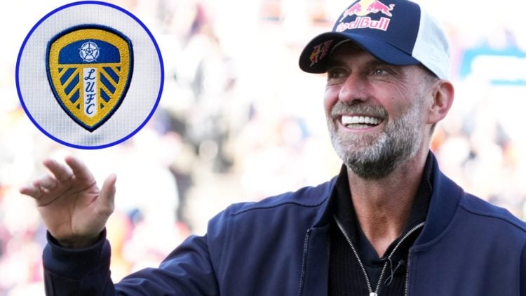 Leeds United crest (left) and Red Bull's Jurgen Klopp (right)