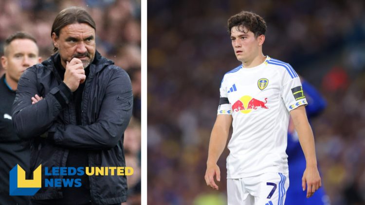 Split image of Leeds United manager Daniel Farke, and Leeds United player Dan James in action.