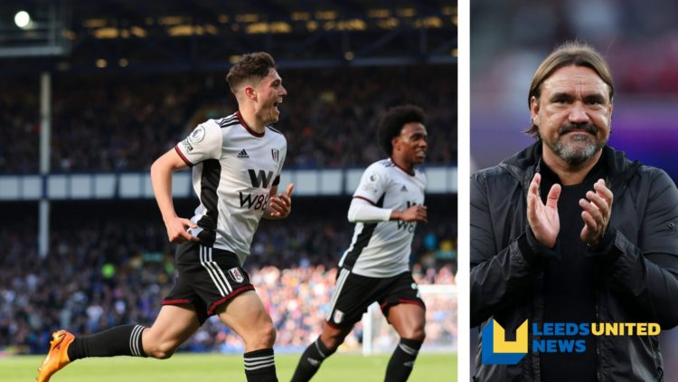 Split image of Fulham player Dan James in action, and Leeds United manager Daniel Farke applauding the fans.