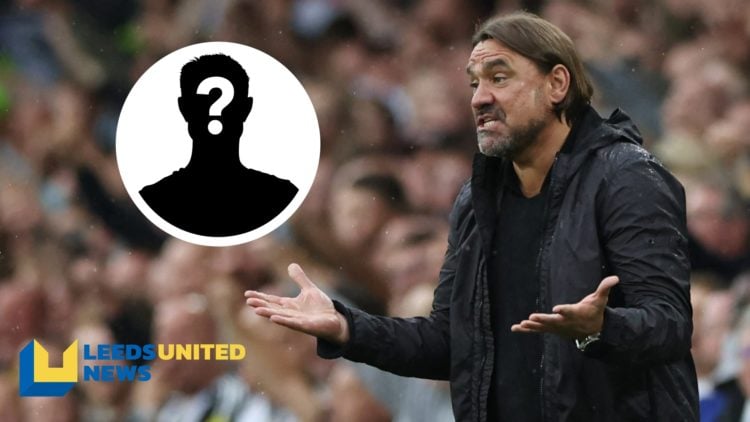 Leeds United manager Daniel Farke stands on the touchline. Inset a picture of a mystery player.