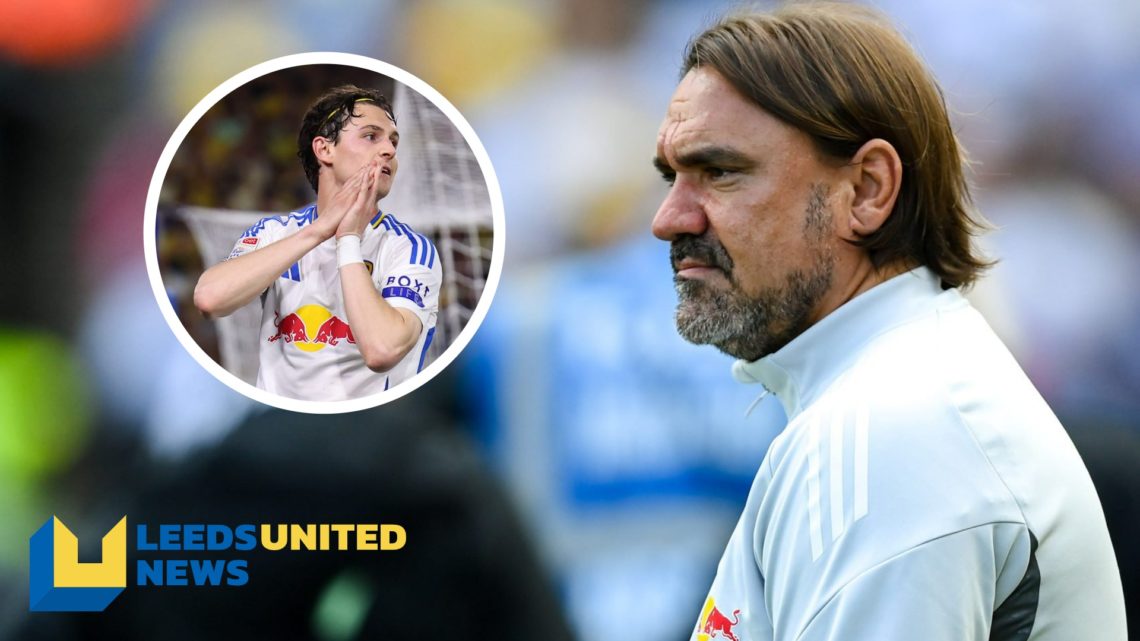 Leeds United manager Daniel Farke stands on the touchline. Inset a picture of Leeds United player Brenden Aaronson in action.