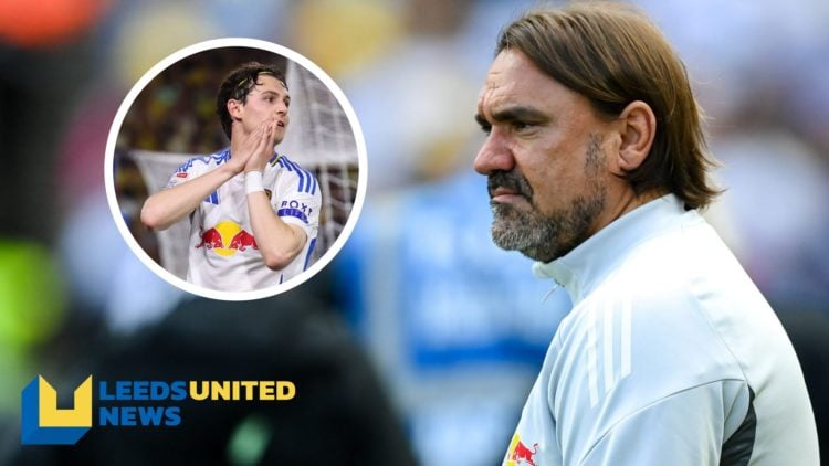 Leeds United manager Daniel Farke stands on the touchline. Inset a picture of Leeds United player Brenden Aaronson in action.
