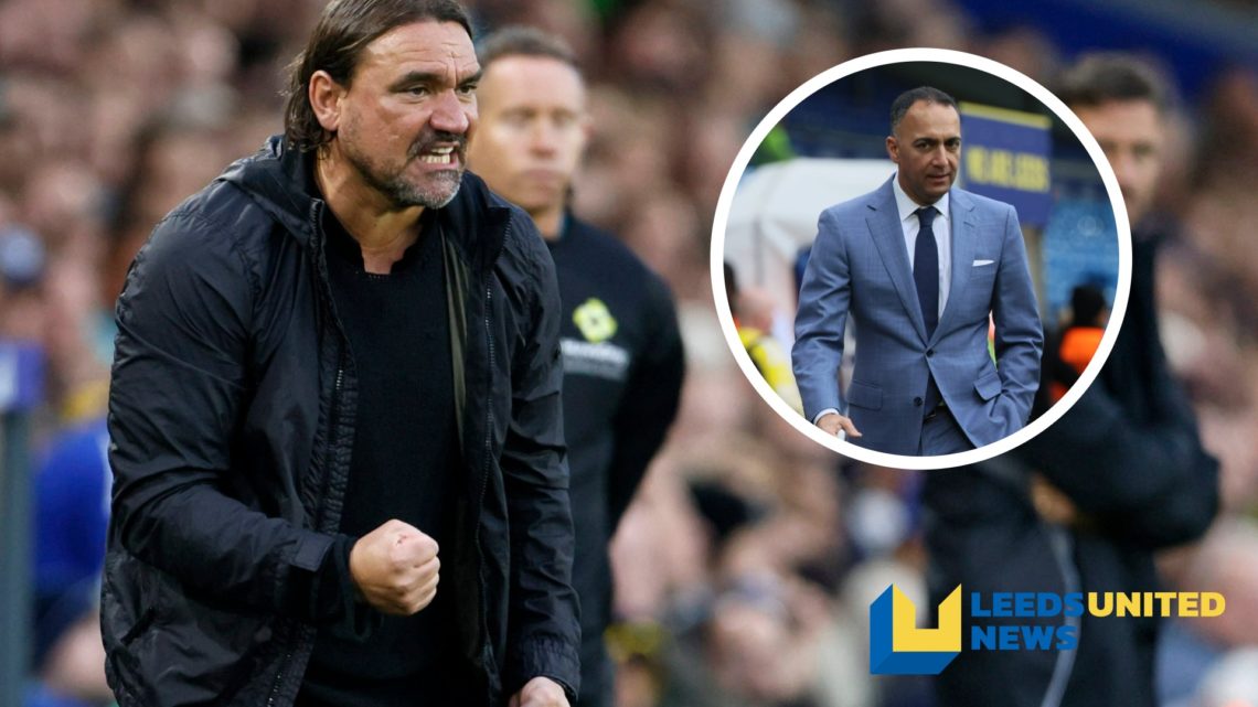 Leeds United manager Daniel Farke stands on the touchline. Inset a picture of Leeds United chairman Paraag Marathe.