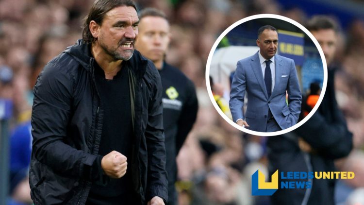 Leeds United manager Daniel Farke stands on the touchline. Inset a picture of Leeds United chairman Paraag Marathe.