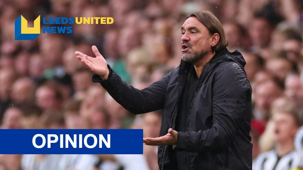 Leeds United manager Daniel Farke stands on the touchline.