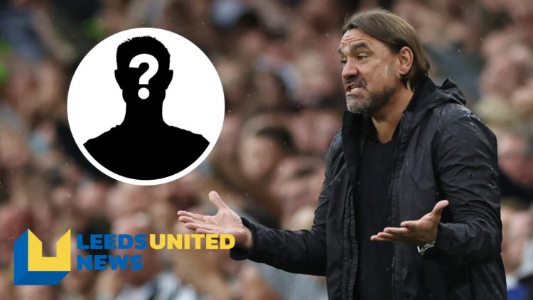 Leeds United manager Daniel Farke shrugs his shoulders. Inset a picture of a mystery player.