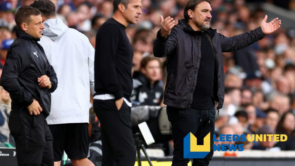 Leeds United manager Daniel Farke raises his arms.