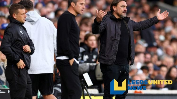 Leeds United manager Daniel Farke raises his arms.