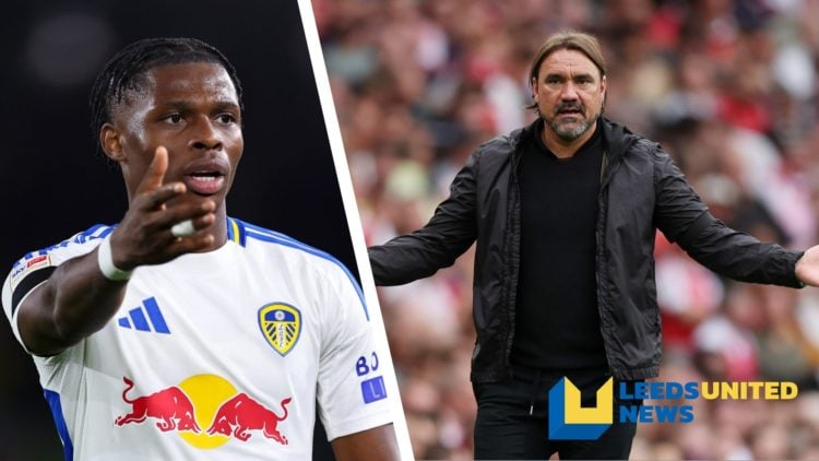 Split image of Leeds United player Largie Ramazani in action, and Leeds United manager Daniel Farke standing on the touchline.