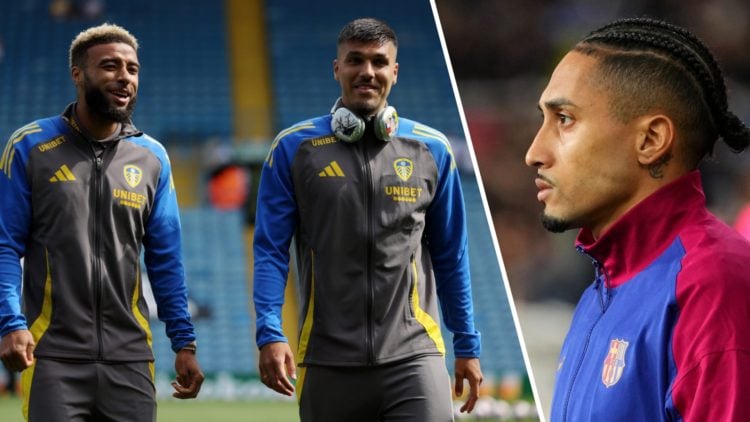 Leeds United duo Jayden Bogle and Joel Piroe (left) with Barcelona's Raphinha (right)