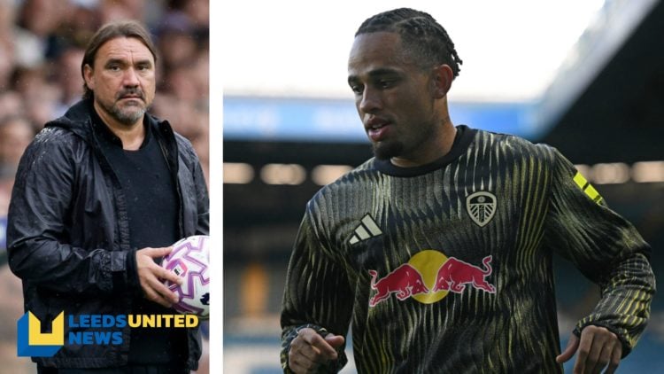 Split image of Leeds United manager Daniel Farke standing on the touchline, and Noah Okafor warming up for Leeds United.