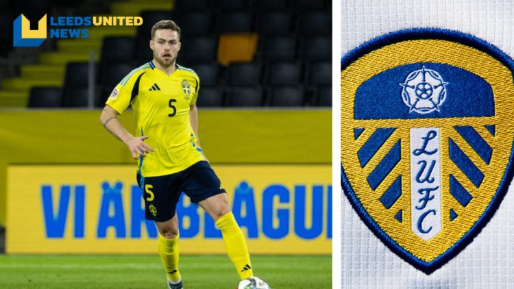 Split image of Gabriel Gudmundsson in action for Sweden, and the official club badge of Leeds United.