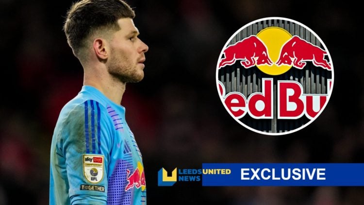 Leeds United goalkeeper Illan Meslier (left) and Red Bull logo (right) with LUN exclusive banner