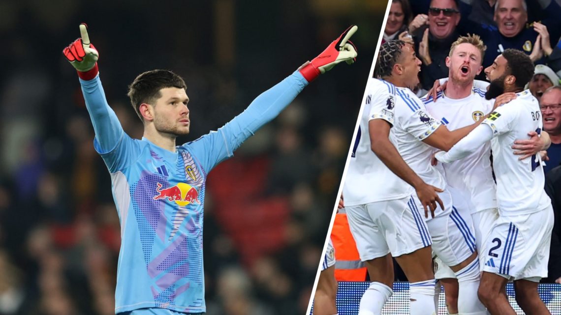 Leeds United goalkeeper Illan Meslier (left) with Sean Longstaff celebrating alongside Jayden Bogle (right)