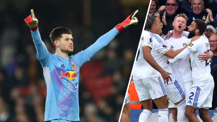 Leeds United goalkeeper Illan Meslier (left) with Sean Longstaff celebrating alongside Jayden Bogle (right)