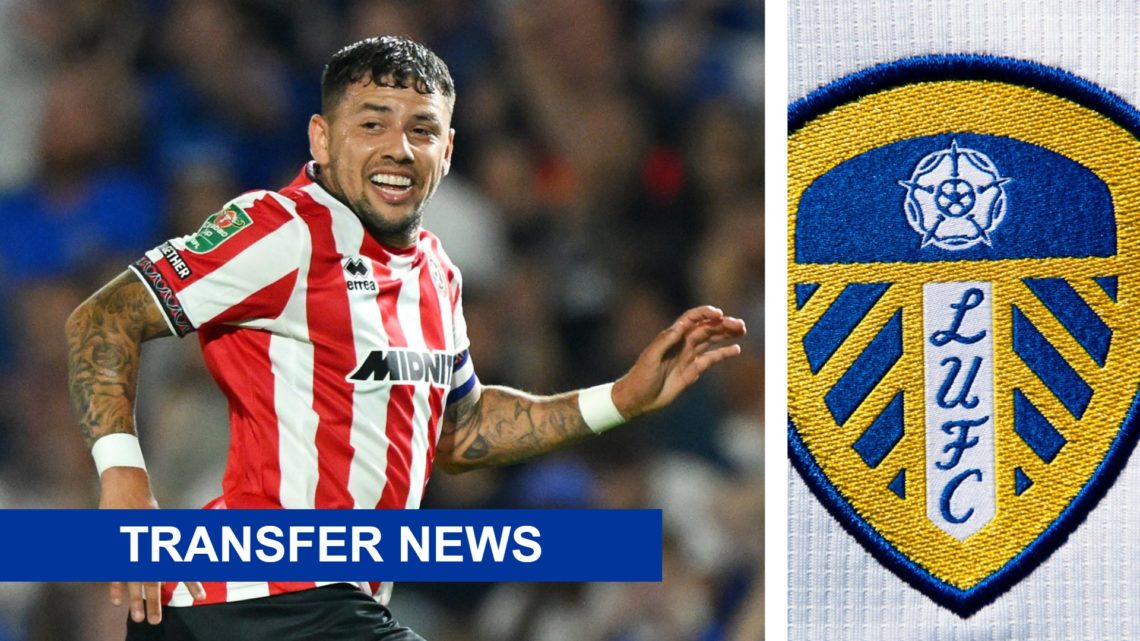 Split image of Gustavo Hamer in action for Leeds United, and a picture of the official club badge of Leeds United.